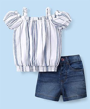 Babyhug Cotton Woven Cold Shoulder Striped Top & Denim Shorts Set - Blue & White