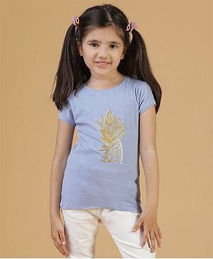 Tales & Stories Lycra Half Sleeves Coral Embroidered Tee - Blue