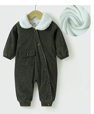 Kookie Kids Full Sleeves Full Sleeves Collar Neck Winterwear Romper With Solid Colour - Olive Green