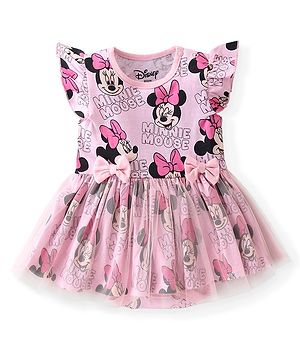 Babyhug Disney Interlock Knit Frill Sleeves Frock Style Onesie with Bow Applique & Minnie Mouse Print - Pink