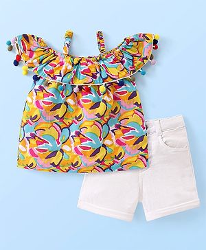Babyhug Floral Printed Off Shoulder Top & Denim Shorts Set - Multicolor