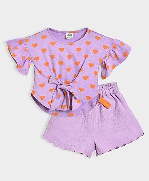 Mi Arcus 100% Cotton Angle Sleeves  Hearts Printed Top & Solid Short Set - Purple