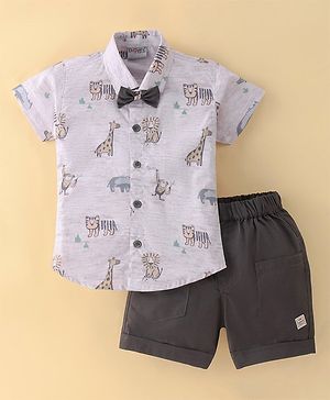 Dapper Dudes Half Sleeves Animals Printed Shirt With Shorts - Brown