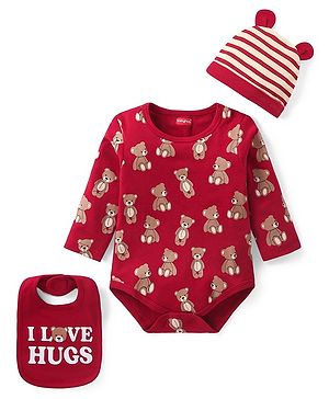 Babyhug 100% Cotton Knit Full Sleeves  Onesies with Cap & Bib Striped & Bear Print - Red