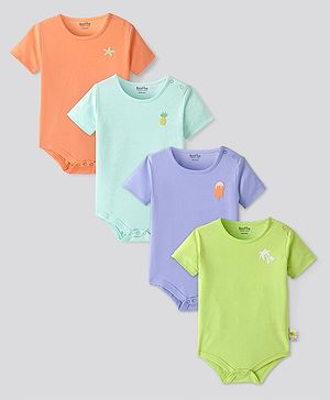Bonfino 100% Cotton Knit Half Sleeves Onesies with Puffed Pineapple & Starfish Print Pack Of 4 - Orange Lime & Lavender