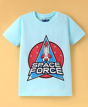 Pine Kids Cotton Knit Half Sleeves Space Theme Print T-Shirt - Sky Blue