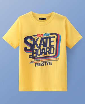 Pine Kids Cotton Knit Half Sleeves T-Shirt Text Print - Yellow