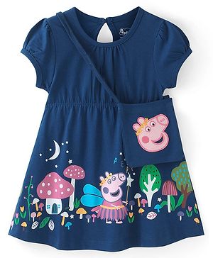 Babyhug Cotton Knit Half Sleeves Frock with Sling Bag Peppa Pig Print - Navy Blue
