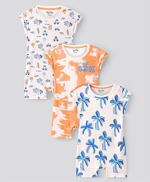 Bonfino 100% Cotton Half Sleeves Rompers Vehicle & Tropical Print Pack Of 3 - Multicolour