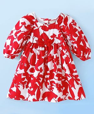 Babyhug Cotton Woven Puff Sleeves Printed Frock with Bow Applique - Red
