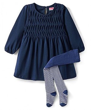 Babyhug Single Jersey Knit Full Sleeves Solid Colour Frock With Stockings - Navy Blue