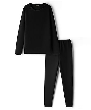 Kanvin Cotton Knit Full Sleeves Thermal Solid Colour Vest & Pant Set - Black