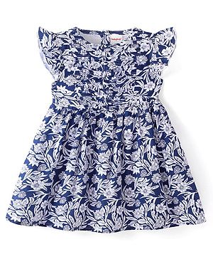 Babyhug Cotton Knit Frill Sleeves Frock With Floral Print - Navy Blue