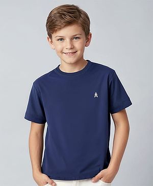 Pine Kids Cotton Knit Half Sleeves T-Shirt with Logo Print -Blue