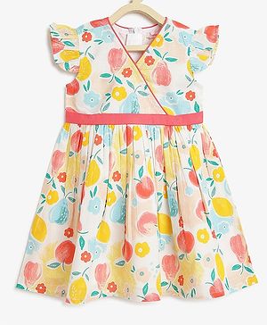 Campana 100% Cotton Flutter Sleeves Fruit Printed Dress - Peach & Multicolour