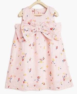 Campana 100% Cotton Sleeveless Floral Printed Dress With Bow - Peach