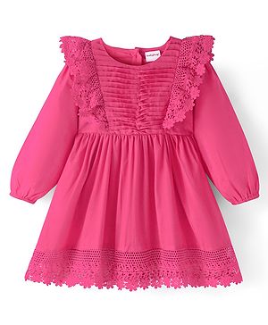 Babyhug Cambric Full Sleeves Knee Length Frock with Floral Lace at Hem - - Dark Pink