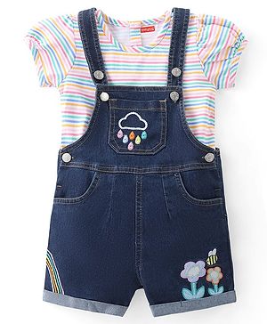 Babyhug 100% Cotton Woven Dungaree and Half Sleeves Striped T-Shirt Set with Floral & Bees Patch - Blue