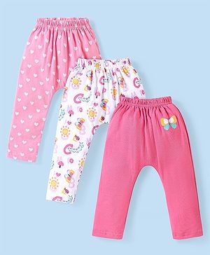 Babyhug Cotton Knit Full Length Diaper Leggings Hearts & Butterfly Print Pack of 3 - Multicolour