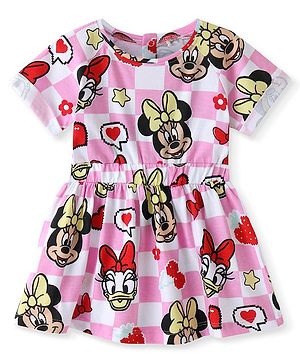Babyhug Disney Cotton Interlock Half Sleeves Frock With Minnie Mouse Print - Pink