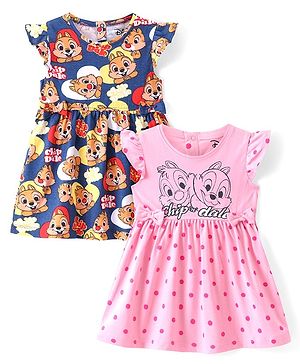 Babyhug Disney Cotton Knit Cap Sleeves Frocks with Chip N Dale Graphic & Bow Detailing Pack of 2 - Navy Blue & Pink