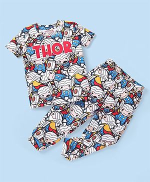 Babyhug Marvel Cotton Knit Half Sleeves Night Suit With Thor Graphics - Multicolor