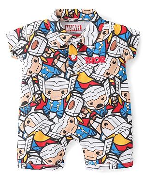 Babyhug Single Jersey Knit Half Sleeves Collared Romper with Avengers Print - Multicolour