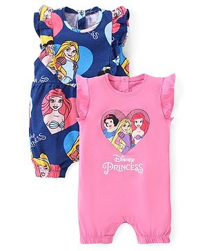 Babyhug Disney Single Jersey Knit Frill Sleeves Rompers with Disney Princess Print Pack of 2 - Navy Blue & Pink