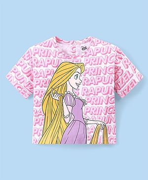 Babyhug Disney Cotton Knit Half  Sleeves Drop Shoulder Boxy Fit T- Shirt With Disney Princess Print - White