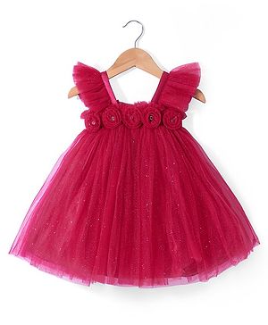 Babyhug Frill Sleeves Shimmered  A Line Party Frock with Floral Applique - Dark Pink