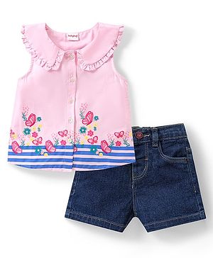 Babyhug Cotton Woven Sleeveless With Butterfly Print Top & Denim Short Set -
