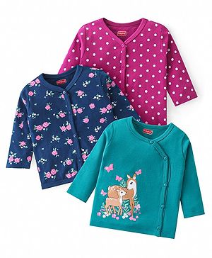 Babyhug 100% Cotton Antibacterial Front Open Vest With Deer & Polka Dots Print Pack of 3 - Pink Blue & Green