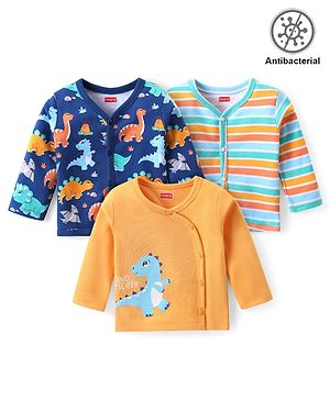 Babyhug 100% Cotton Knit Antibacterial Full Sleeves Front Open Vest Dino Print Pack of 3 - Multicolour