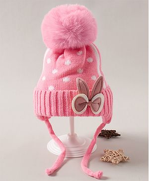 Babyhug Pom Pom Woollen  Cap with Knot Polka Dot Design  - Pink