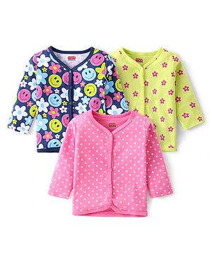 Babyhug 100% Interlock Cotton Knit Full Sleeves Front Open Antibacterial Vests with Polka Dot & Floral Print Pack of 3 - Pink Green & Blue