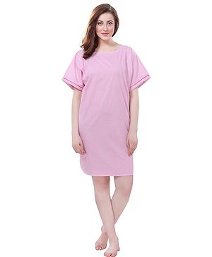 Piu Cotton Woven Half Sleeves Checked Hospital Patient Night Dress - Pink