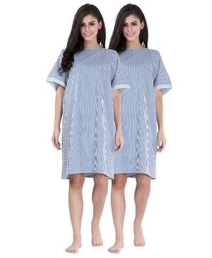 Piu Pack Of 2 Cotton Woven Half Sleeves Striped Hospital Patient Night Dress - Blue