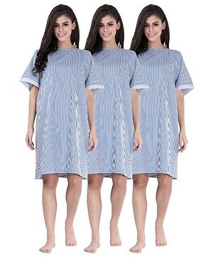 Piu Pack Of 3 Cotton Woven Half Sleeves Striped Hospital Patient Night Dress - Blue