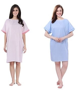 Piu Pack Of 2 Cotton Woven Half Sleeves Polka Dots Printed Hospital Patient Night Dress - Multi Colour