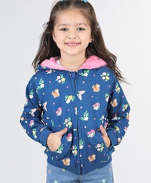 Babyhug Full Sleeve Front Open Hooded  Sweat Jacket with Floral Print & Pocket Detailing  - Blue