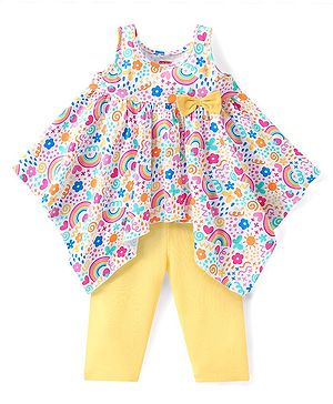 Babyhug Cotton Knit Sleeveless Frock Style Floral Printed Top & Pants Set With Bow Applique - Yellow