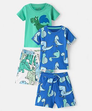 Bonfino 100% Cotton Knit Half Sleeve Shorts Night Suit With Dino Print Pack of 2 - Blue & Green