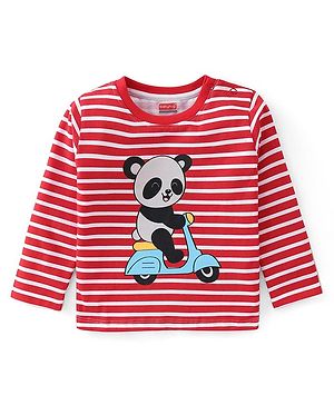 Babyhug Cotton Knit Full Sleeves  Striped T-Shirt with Panda Print - Red