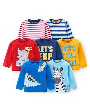 Babyhug Cotton Knit   Full Sleeves T-Shirts with Striped & Animal Print Pack of 7 - Blue Yellow & Red