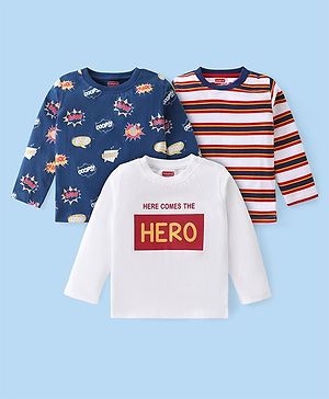 Babyhug Cotton Knit Full Sleeves Striped T-Shirt with Text Print Pack of 3  - Multicolor