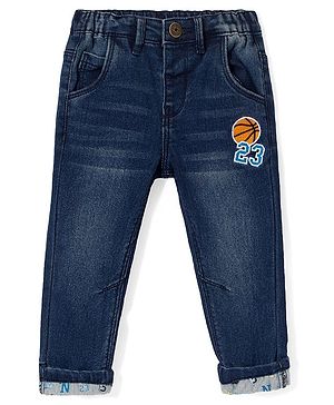 Babyhug Denim Stretchable Jeans With Basketball Embroidery - Blue