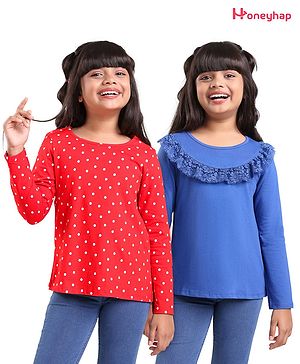 Honeyhap Premium 100% Cotton Full Sleeves Polka Dot Print Top with Bio Finish Pack of 2 - Red & Blue