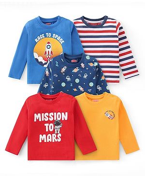 Babyhug  Cotton Knit Full Sleeves T-Shirts with Striped Text & Astronaut Print Pack of 5 - Blue Red & Yellow
