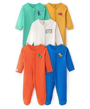 Bonfino 100% Cotton Full Sleeves Footed Sleep Suits Pack Of 5 - Multicolour