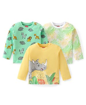 Babyhug 100% Cotton Knit Full Sleeves T-Shirt with Wild Animals Print Pack of 3 - Green Yellow & White